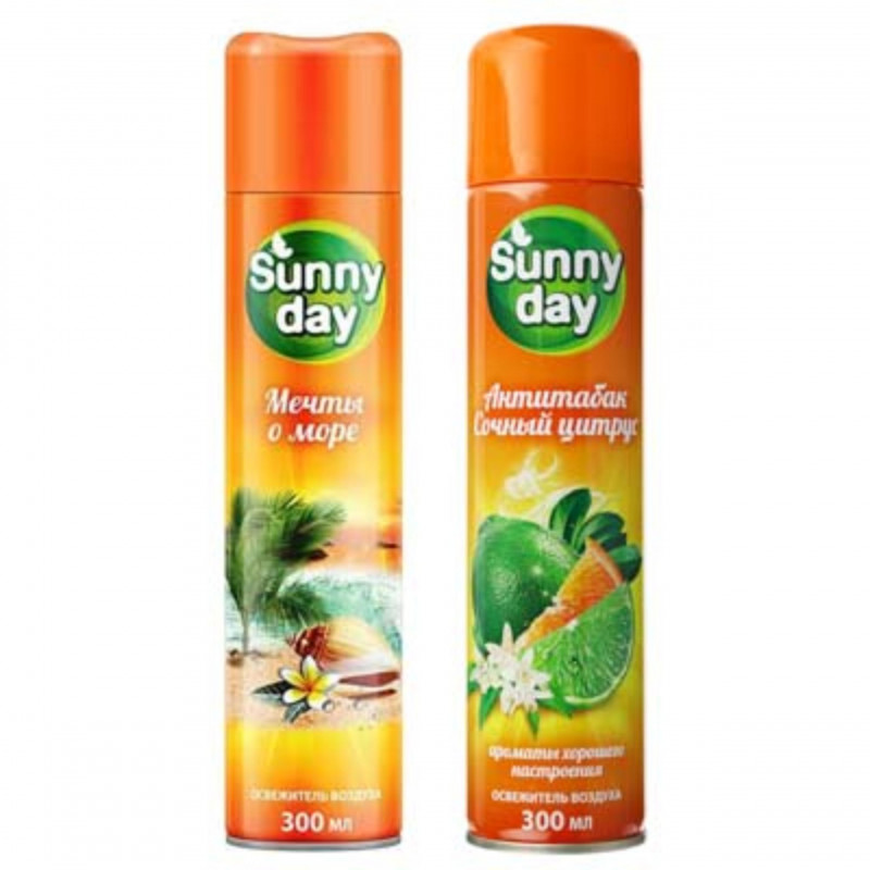 991059 Освежитель воздуха Sunny Day, ж/б, 300мл, 2 вида: антитабак сочный цитрус/мечты о м